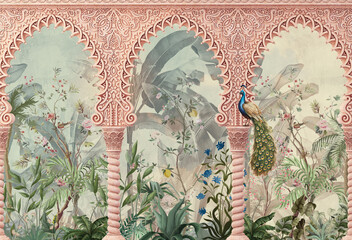 Pink Palace Arch Peacock Wall Mural Design  © Door art