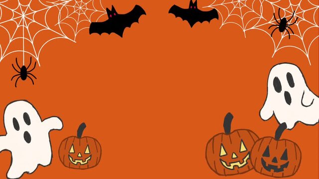 Cute Halloween frame border with pumpkins ghosts bats and spider webs vector orange background