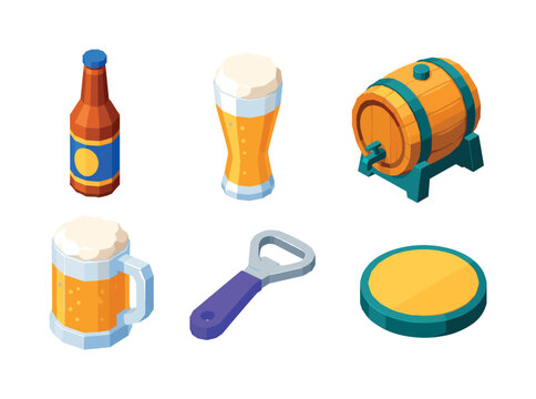 Craft Beer Objects &mdash; isometric flat icon set, exactly 6 isometric objects in a 3x2 layout: beer bottle, craft beer glass, brewery barrel, pub mug, bottle opener, serving coaster; SEO concepts beer
