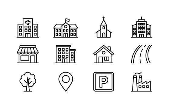 Small Town Map, line icon set featuring hospital building, school, church, business center, shop, apartment block, detached house, road, tree, map pin, parking area and factory, covering small town,