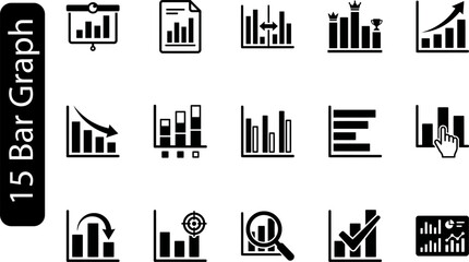 Obraz premium Set of fifteen black bar graph icons representing various business data analysis and financial statistics report charts