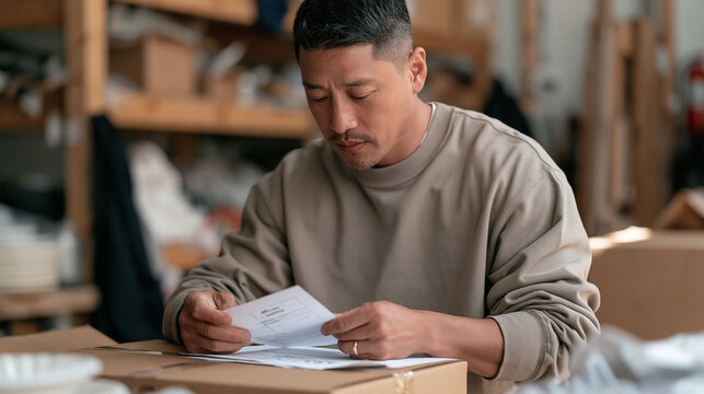 A Vietnamese party organizer unboxing a shipment of custom themed tableware at a storage unit, cross referencing items against a printed order sheet with focus and concentration