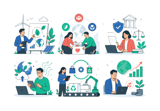 Responsible Business Practices &mdash; colorful editorial illustration set, not icons, create 6 mini scenes showing environmental strategy, social responsibility, governance review, green technology,