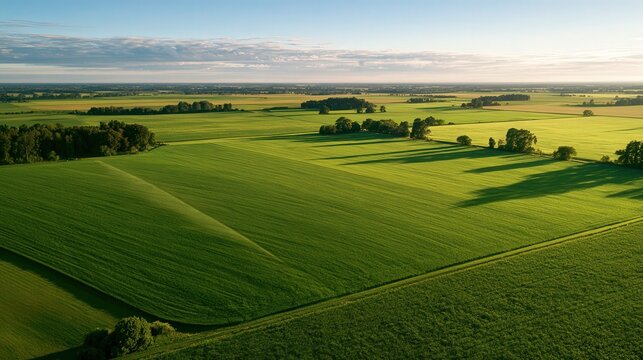 Aerial view of green agricultural fields at sunset casting long shadows