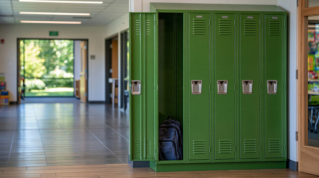 Single open empty green metal locker positioned beside a bright nondescript school hallway, modern educational interior, clean tiled floor, simple walls and classroom entrances, soft daylight, no st