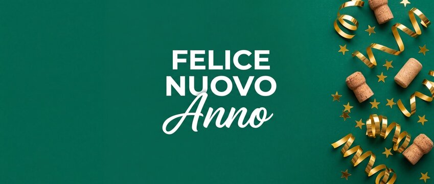 Felice Nuovo Anno New Year Italian greeting background with gold stars, serpentine ribbons, and champagne corks on green backdrop for party celebration horizontal banner card design template top view