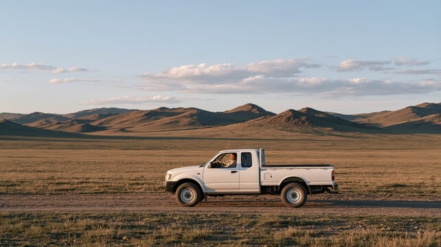 Mongolian herder in traditional deel driving a freshly rented utility truck down unpaved rural track, nomadic landscape stretching wide around vehicle, contrast of modern rental