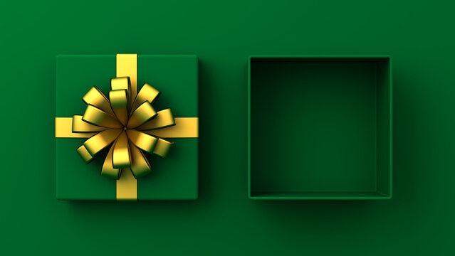 Blank green gift box or top view of green present box tied with gold ribbon bow isolated on dark green gradient background with shadow minimal conceptual 3D rendering