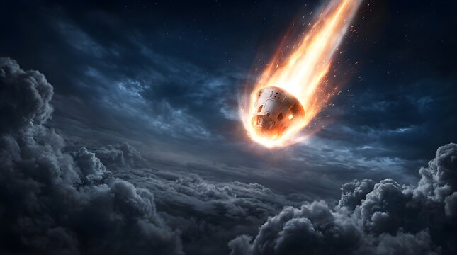 Space capsule reentering earth atmosphere with bright fire trail