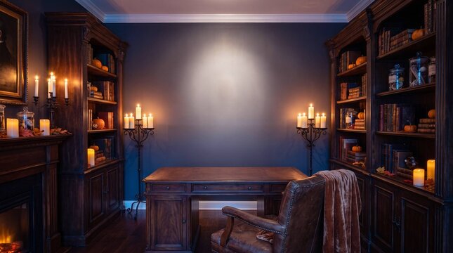 Dark academic study room with candelabras bookshelves and pumpkins for Halloween ambiance