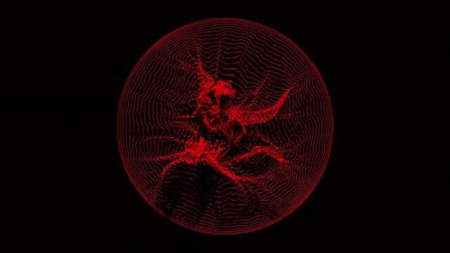 Circular Particle Vortex Graphic.A circular outline on black background, filled with wavy lines and particle noise, fragmented textures radiate from center.