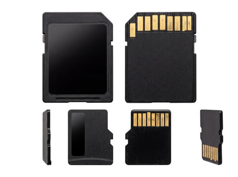 SD memory card storage device set front back view isolated black studio, digital flash drive adapter hardware component with gold pin connectors for photography camera equipment media file backup