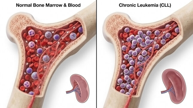 Comparison illustration of normal human bone marrow versus bone marrow showing chronic lymphocytic leukemia with blood disorder