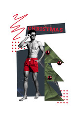 Obraz premium Composite artwork photo collage template sketch of young guy handsome figure posing swimwear merry christmas party holiday tree party