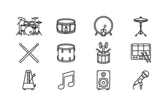 Drum Percussion Instruments, line icon set featuring drum kit, snare drum, bass drum, cymbal, drumsticks, tom drum, marching drum, percussion pad, metronome, music note, speaker, and microphone,