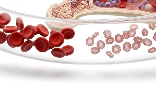 Microscopic view of healthy red blood cells flowing through a clear vessel beside damaged or degraded cells with circulatory syste