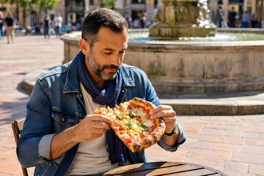 uomo che mangia una piazza nel centro di una citt&agrave;