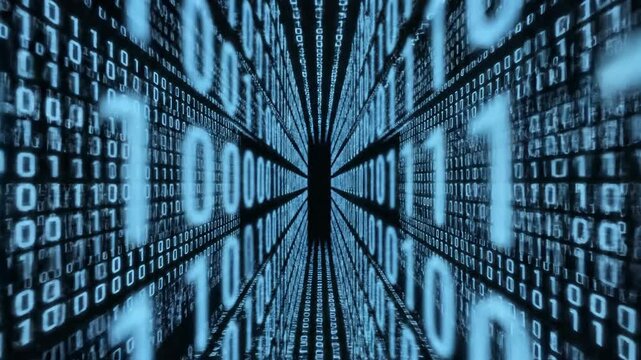 Binary code tunnel animation digital data flow visualization concept