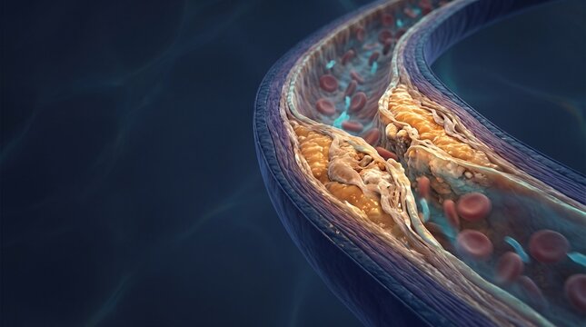 A 3D medical illustration shows a cross-section of an artery with yellow atherosclerotic plaque buildup narrowing the blood vessel, set against a dark blue background.