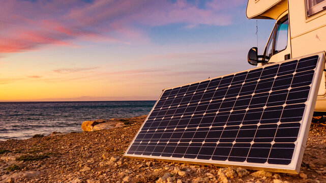 Camper with portable glass solar panel camping on sea shore