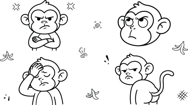 Funny monkey cartoon character vector set showing angry sad annoyed and grumpy expressions with banana peels