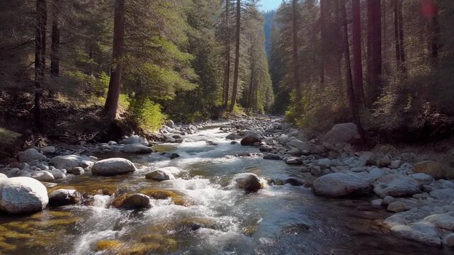 Mountain Stream Flowing Through Forest, Rocky Riverbed, Sunlight