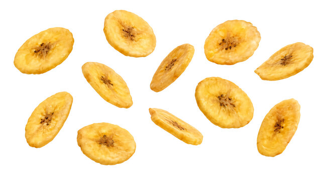 Flying crispy banana chips isolated on transparent background