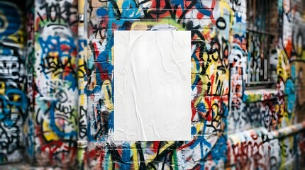 Obraz premium Blank white paper poster mockup pasted on colorful urban graffiti brick wall