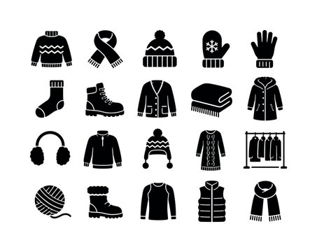 Cozy Winter Wardrobe &mdash; solid glyph icon set of 20 filled black symbols including sweater, scarf, beanie, mitten, glove, sock, boot, cardigan, blanket, coat, earmuffs, pullover, knitted hat, winter