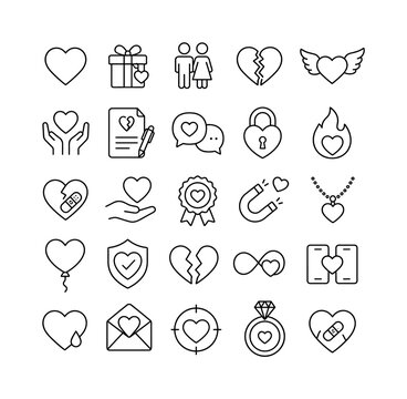 Valentine Relationship Signs, line icon set of 25 clean outline icons in a 5x5 grid showing heart, romantic gift, couple, broken heart, winged heart, empathy, divorce papers, dating chat, relationship