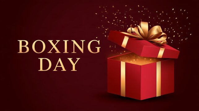 Festive boxing day sale with red gift box and gold ribbon surrounded by colorful confetti for holiday shopping promotions