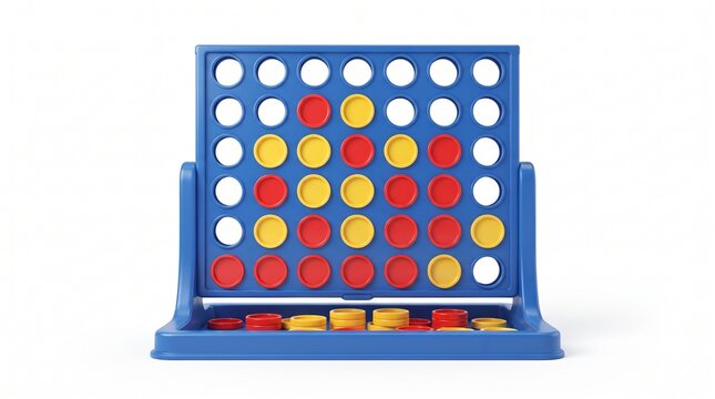 Connect four vertical grid board game with red and yellow discs