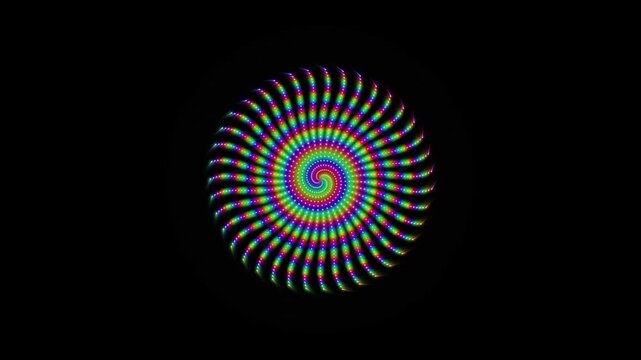 Psychedelic spiral animation with rainbow colors, hypnotic spinning vortex on black background, trippy optical illusion motion graphic