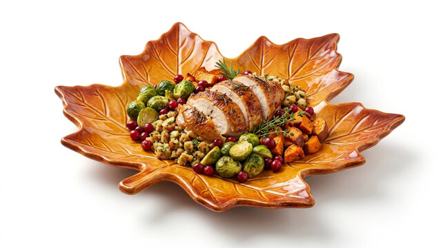 Roasted turkey breast with savory stuffing brussels sprouts sweet potatoes and cranberries served on a maple leaf shaped ceramic plate isolated white