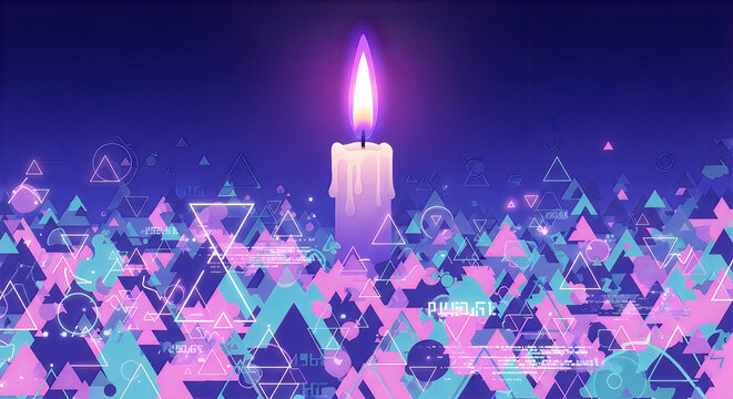 Glowing Neon Candle Illustration with Synthwave Geometric Background