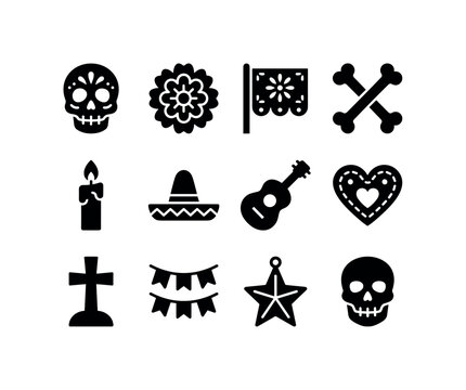 Day of Dead Symbols, solid glyph icon set featuring sugar skull, marigold flower, papel picado flag, crossed bones, candle, sombrero, guitar, decorative heart, cemetery cross, festive bunting,