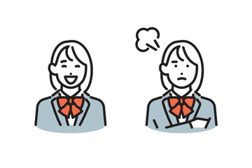 Fototapeta premium シンプル イラスト 笑顔と腕を組んで怒る表情の女子学生セット ベクターイラスト