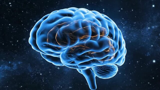 Brain imagery display with glowing highlight in space background