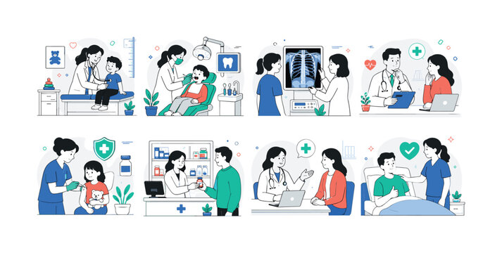 Medical Clinic Visits, clean editorial illustration set of 8 separate mini scenes showing pediatrician, dentist, X-ray, diagnosis, vaccination, pharmacy, consultation and recovery, each with doctor,