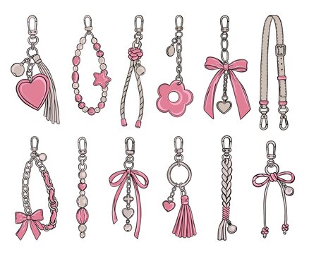 Set of cute keychain bag charms with tassels, bows, beads and heart pendants. Hand-drawn pink and beige accessories collection, fashion clipart isolated on white background.