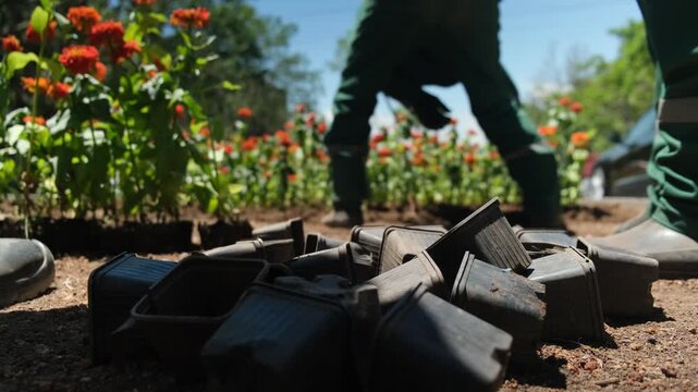 Pile of empty disposable plastic seedling pots with municipal workers planting flowers in an urban flower bed in the background. summer city preparation, urban beautification, public spaces.