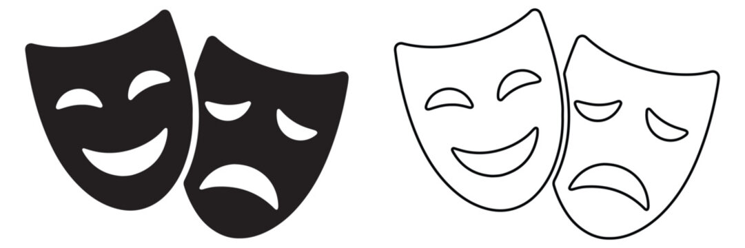 comedy and tragedy theater masks icon set with solid and outline styles isolated on white background vector