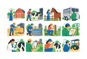 Naklejka premium Livestock Emergency Plan. Farm emergencies, barns, cattle, horses, trailers, feed, water, fences, evacuation routes, veterinarians, identification tags, tractors, radios, shelters, and protection. 12