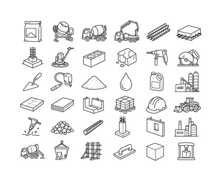 Concrete Construction Process, line icon set of 30 clean outline icons in a 6x5 grid showing cement bag, concrete mixer, pouring truck, pump, rebar, reinforced slab, foundation, paver, concrete block,