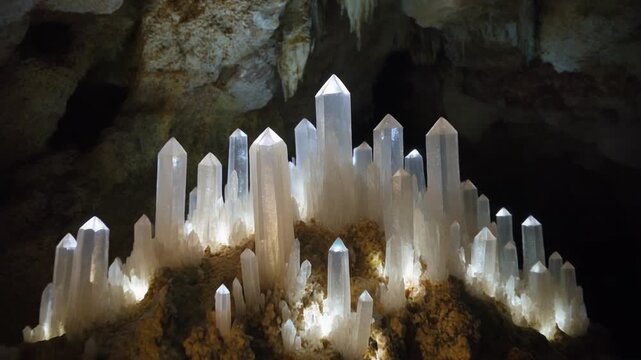 Glistening Crystal Geode Formation in Dark Cave, Natural Quartz Cluster, Geological Wonder