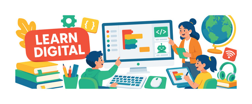 Computer Class Digital Learning banner featuring a teacher guiding two students at an oversized computer and large monitor displaying coding blocks; keyboard, mouse, software card, internet globe,
