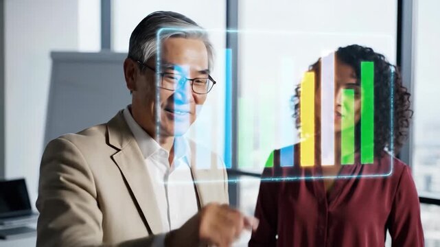 Business people interact with augmented reality financial data analytics