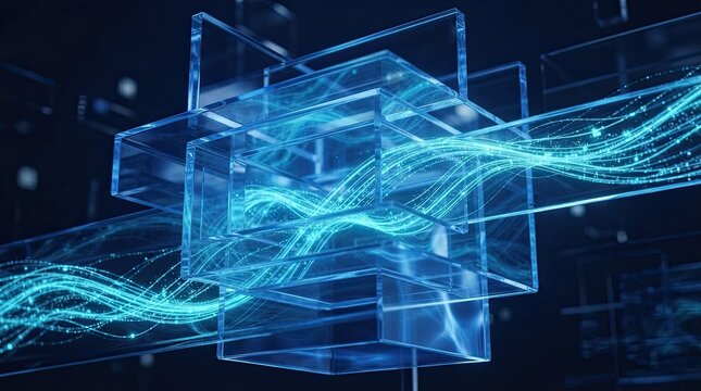 Abstract technology background with glowing data streams and glass elements