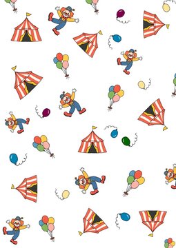 Circus Clown Balloons and Tent Pattern Background. Hand drawn circus themed pattern featuring colorful clowns, striped circus tents and balloons scattered on a white background. Playful decorative.