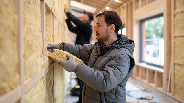 Kazakh insulation contractor unrolling thick mineral wool batts between exposed timber wall studs inside a colorful market conversion space, sawdust and tools scattered on